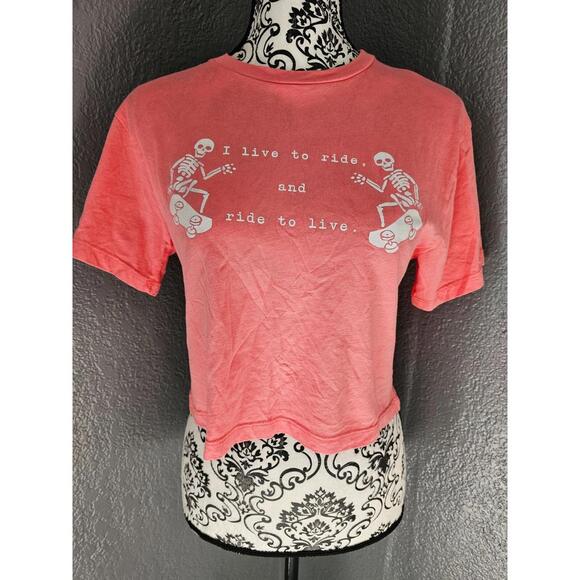 Riot Queen Tops - Women's Riot Queen Crop Top Pink Size Small Skeletons Skateboarding Live To Ride